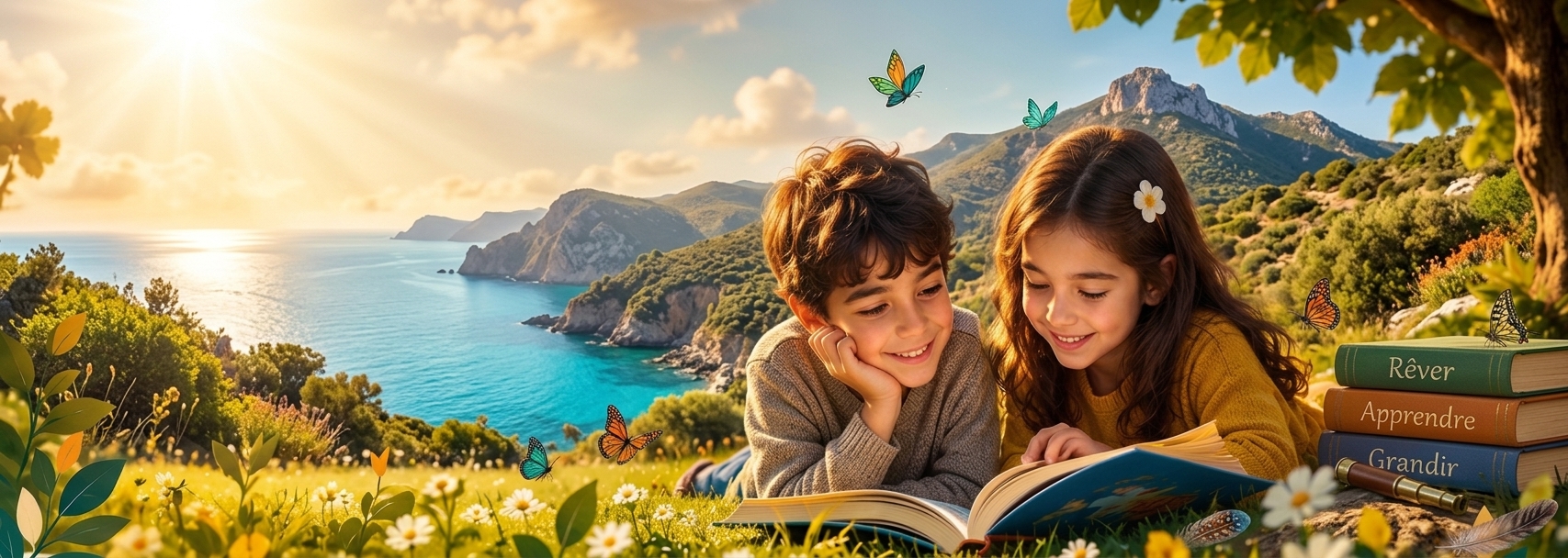 Deux enfants allongés dans l’herbe lisant un livre ensemble, face à la mer et aux montagnes, entourés de papillons